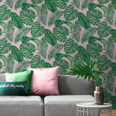 Skinny Dip Pink & Green Floral Pearl effect Embossed Wallpaper