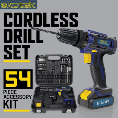 Skotek Cordless Drill Driver 18V/20V Li-Ion 54Pc Drill Bit Accessory Kit Carry Case Battery & Charger Included