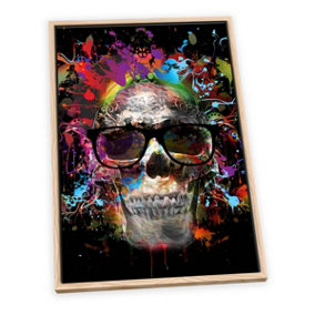 Skull Sunglasses Graffiti CANVAS FLOATER FRAME Wall Art Print Picture Light Oak Frame (H)30cm x (W)20cm