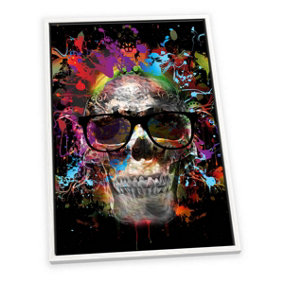 Skull Sunglasses Graffiti CANVAS FLOATER FRAME Wall Art Print Picture White Frame (H)30cm x (W)20cm