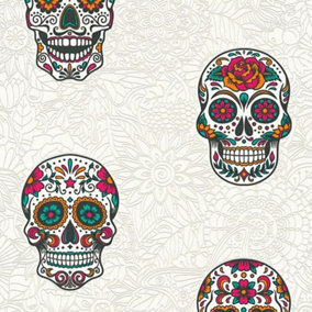 Skull Wallpaper Gothic Floral White & Multicoloured Textured Vinyl AS Creation