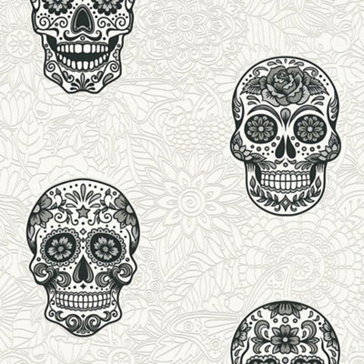 Skull Wallpaper Gothic Floral White Silver Black Textured Vinyl AS Creation