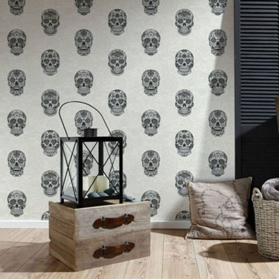 Skull Wallpaper Gothic Floral White Silver Black Textured Vinyl AS Creation