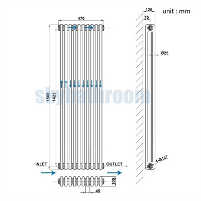 SKY BATHROOM Central Heating Cast Iron 3 Column 1500x470mm Anthracite ...
