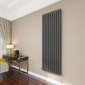SKY BATHROOM Central Heating Oval Column 1800x590mm Anthracite Double Radiator With Angle Valves