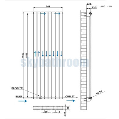 Sky Bathroom Flat Panel Anthracite Radiator Tall Upright Double 1600x544mm