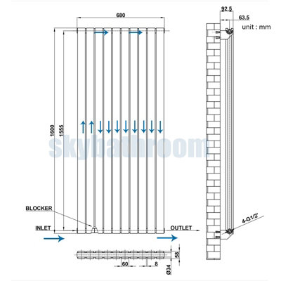 Sky Bathroom Flat Panel Anthracite Radiator Tall Upright Double 1600x680mm