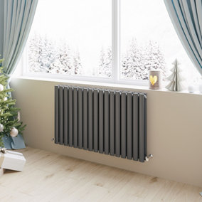 SKY BATHROOM Oval Column Radiator 600x1003mm Double Anthracite High Heat Output With Angle TRV Valves
