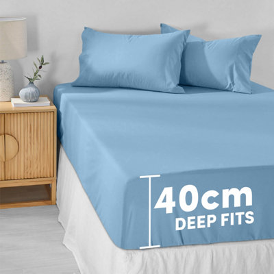 Sky Blue Fitted Sheet Soft Anti Allergy Single Super King Size 40cm Extra Deep Plain Bed Sheets Easy Care Washable