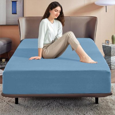 Sky Blue Fitted Sheet Soft Anti Allergy Single Super King Size 40cm Extra Deep Plain Bed Sheets Easy Care Washable