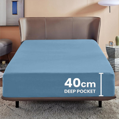 Sky Blue Fitted Sheet Soft Anti Allergy Single Super King Size 40cm Extra Deep Plain Bed Sheets Easy Care Washable