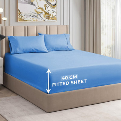 Sky Blue Fitted Sheet Soft Anti Allergy Single Super King Size 40cm Extra Deep Plain Bed Sheets Easy Care Washable