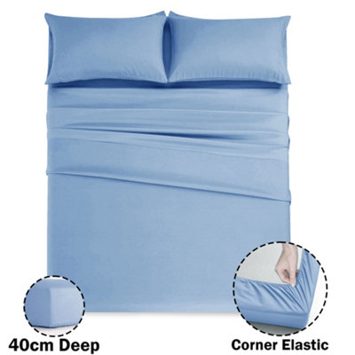 Sky Blue Fitted Sheet Soft Anti Allergy Single Super King Size 40cm Extra Deep Plain Bed Sheets Easy Care Washable