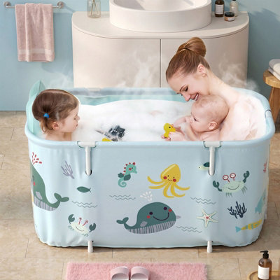 Sky Blue Ocean Large Portable Folding Bathtub Family Soaking Tub with ...