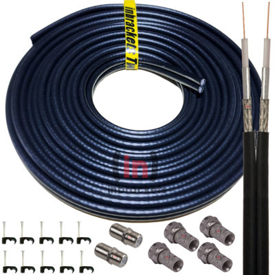 Sky Cable Extension Twin Coax F Plugs Q Satellite Coaxial Lead Shotgun DIY Kit Black 10 Metres