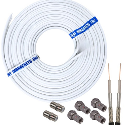 Sky Cable Extension Twin Coax F Plugs Q Satellite Coaxial Lead Shotgun DIY Kit White 16 Metres