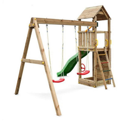 Sky High Hideout Wooden Climbing Frame with Double Swing & Slide