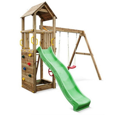Sky High Hideout Wooden Climbing Frame with Double Swing & Slide