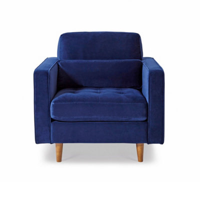 Skye Velvet Mid Century Midnight Blue Armchair - Fully Assembled By Roseland Furniture