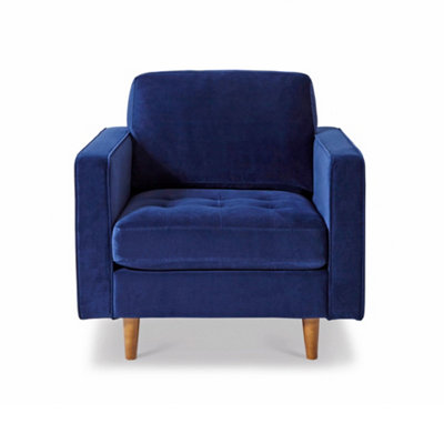 Skye Velvet Mid Century Midnight Blue Armchair - Fully Assembled By Roseland Furniture