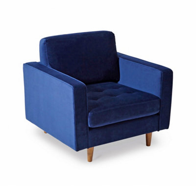 Skye Velvet Mid Century Midnight Blue Armchair - Fully Assembled By Roseland Furniture