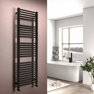 Slade 500 x 1600mm Black Heated Towel Rail & Matching Radiator Valves ...