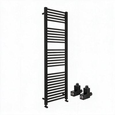 Slade 500 x 1600mm Black Heated Towel Rail & Matching Radiator Valves ...