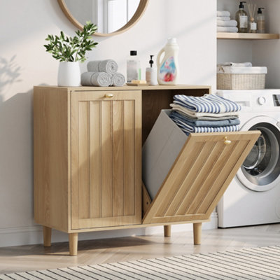 Slanted Laundry Cabinet with 2 Removable Baskets - Oak Effect