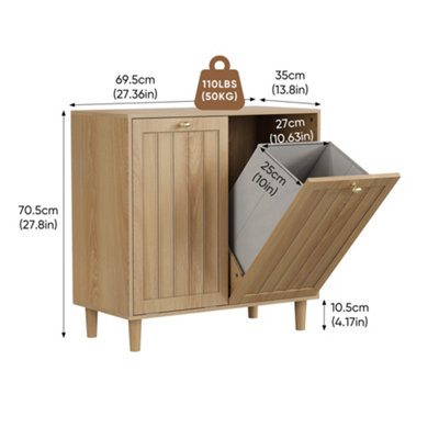 Slanted Laundry Cabinet with 2 Removable Baskets - Oak Effect