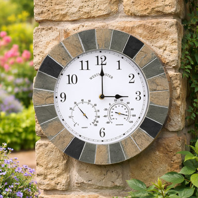 Slate Effect Hanging Wall Clock with Thermometer