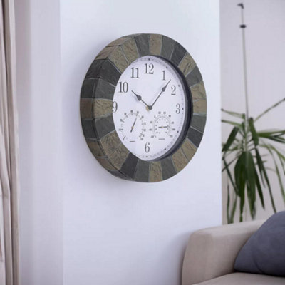 Slate Effect Hanging Wall Clock with Thermometer