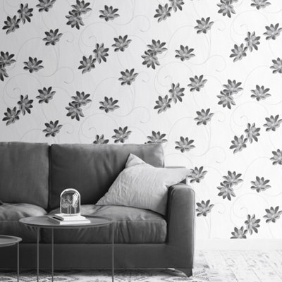 Slate Glitter Floral Wallpaper Textured Metallic Black Flower Leaf Blown Vinyl