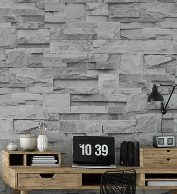 Slate Grey Realistic Stone Brick Wall Effect Textured Wallpaper Wall Faux