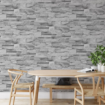 3D Stone Slate Brick Effect Wallpaper Grey Rock Wall Realistic Weathered P S Fru