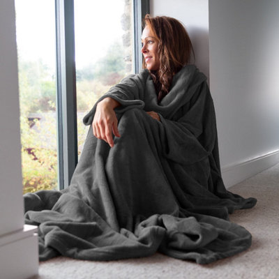 Slate Grey Snug Rug Deluxe Blanket With Sleeves Luxury Cosy Super Soft Coral Fleece Fabric Long Oversized Pouch Pocket Adults DIY at B Q