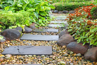 Rectangular slate stepping stones placed over a bed of pebbles, creating a contemporary and textured garden pathway.