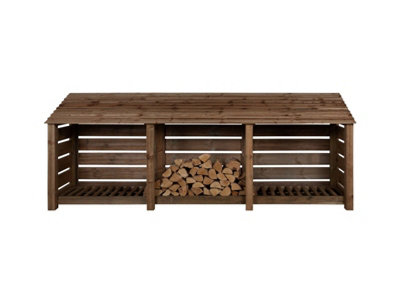 Slatted wooden log store W-335cm, H-126cm, D-88cm - brown finish