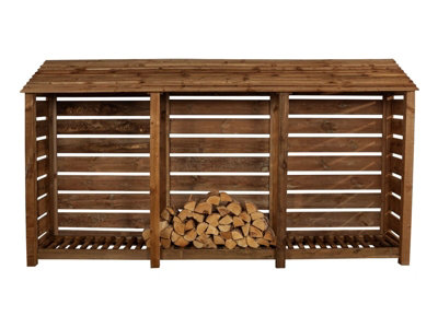 Slatted wooden log store W-335cm, H-180cm, D-88cm - brown finish