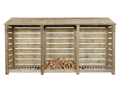 Slatted wooden log store W-335cm, H-180cm, D-88cm - natural (light green) finish