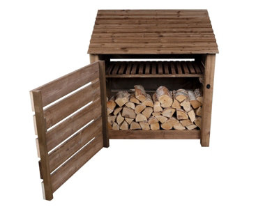 Slatted wooden log store with door and kindling shelf W-119cm, H-126cm, D-88cm - brown finish