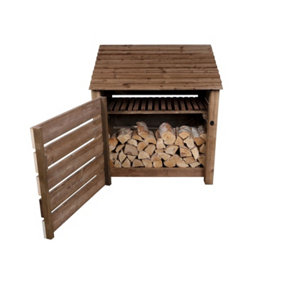 Slatted wooden log store with door and kindling shelf W-119cm, H-126cm, D-88cm - brown finish