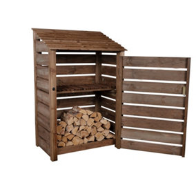Slatted wooden log store with door and kindling shelf W-119cm, H-180cm, D-88cm - brown finish
