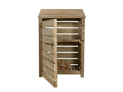 Slatted wooden log store with door and kindling shelf W-119cm, H-180cm, D-88cm - natural (light green) finish