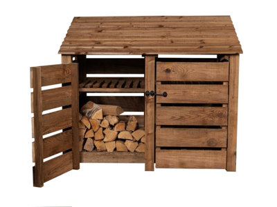 Slatted wooden log store with door and kindling shelf W-146cm, H-126cm ...