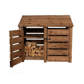 Slatted wooden log store with door and kindling shelf W-146cm, H-126cm, D-88cm - brown finish