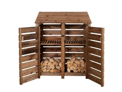 Slatted wooden log store with door and kindling shelf W-146cm, H-180cm, D-88cm - brown finish