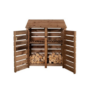 Slatted wooden log store with door and kindling shelf W-146cm, H-180cm, D-88cm - brown finish