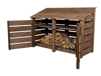 Slatted wooden log store with door and kindling shelf W-187cm, H-126cm, D-88cm - brown finish