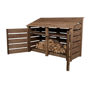 Slatted wooden log store with door and kindling shelf W-187cm, H-126cm, D-88cm - brown finish
