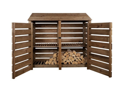 Slatted wooden log store with door and kindling shelf W-187cm, H-180cm, D-88cm - brown finish